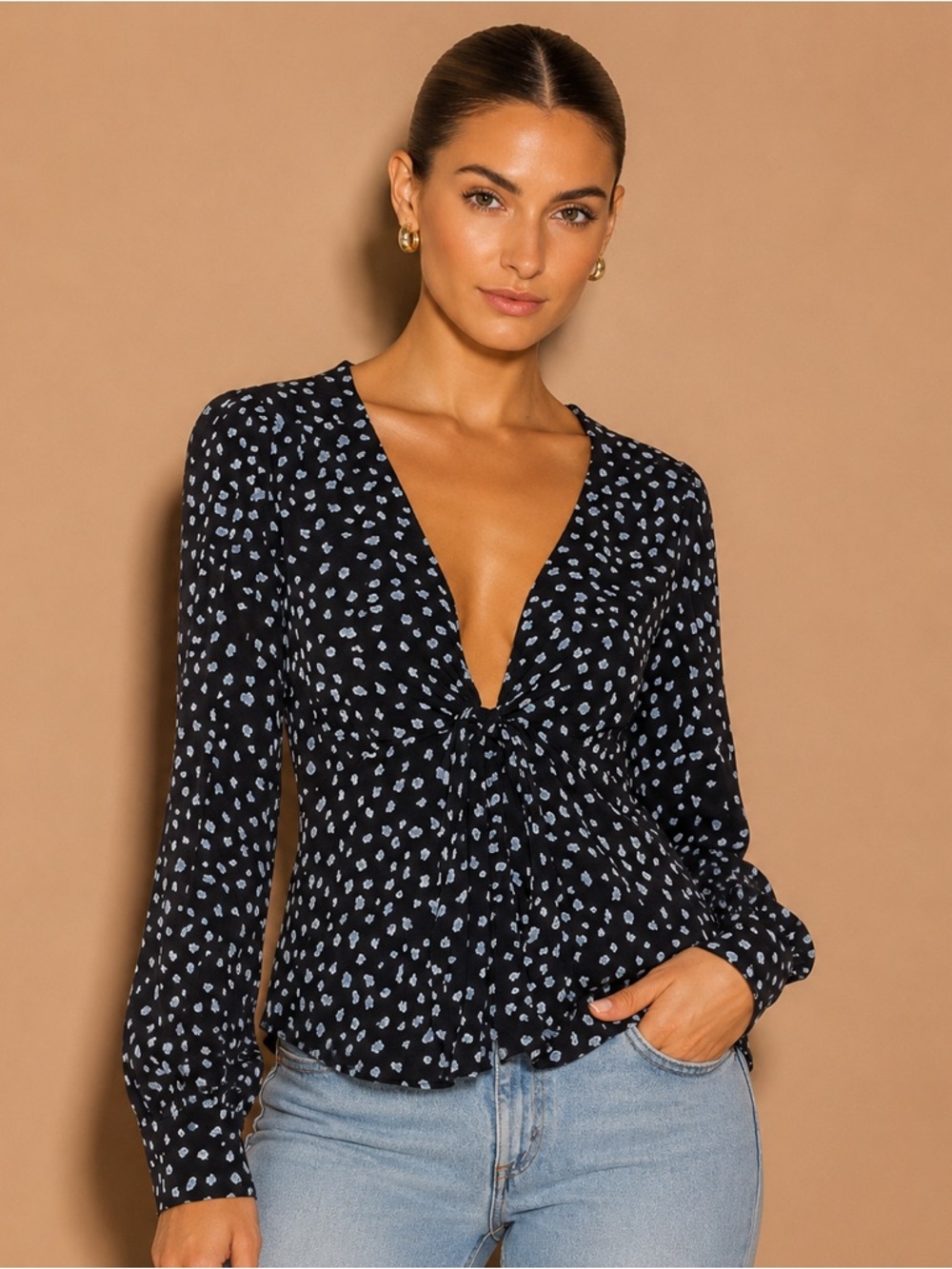 Sanctuary Ella Pull Over Dotted Navy Blouse​ Size Large
